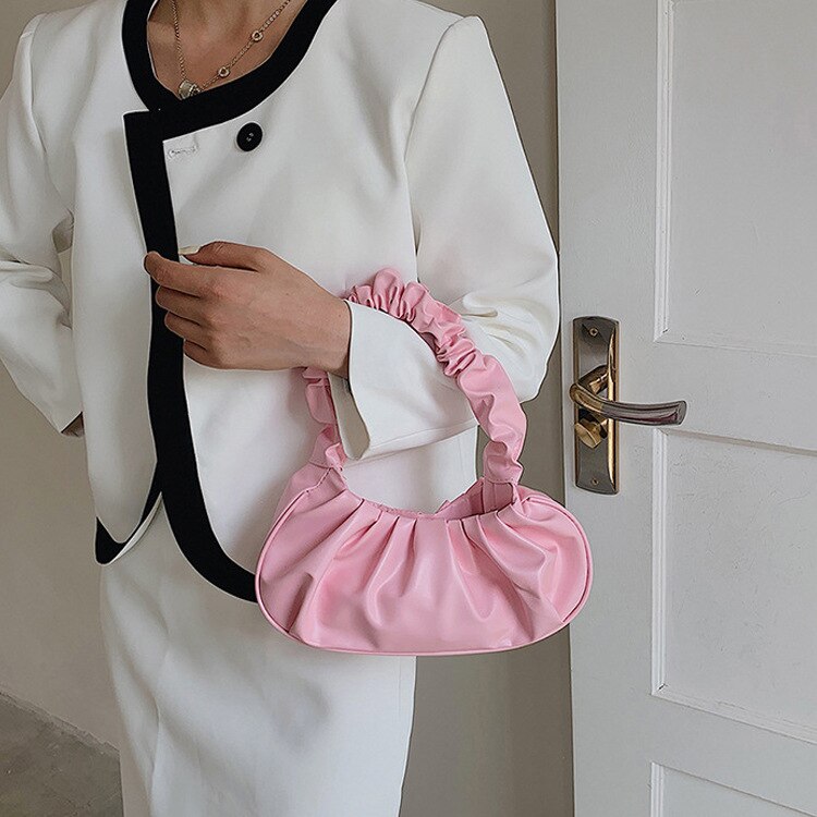 Korean Women&#39;s Bag Pure Color Cloud Pleated Shoulder Bag Simple Hobos Women&#39;s Underarm Bag Sweet Saddle Shoulder Crossbody Bag