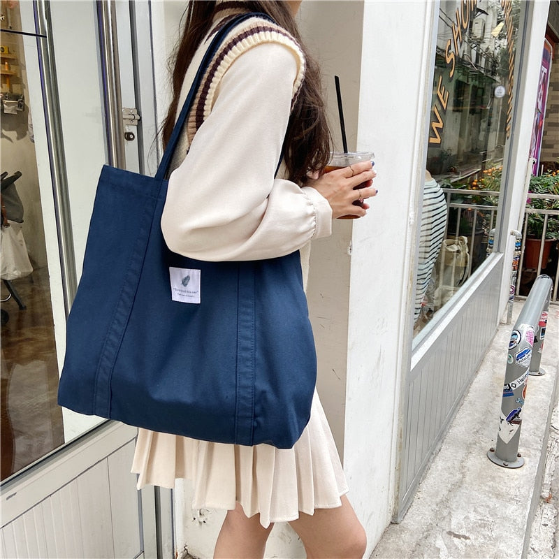 New Retro Women&#39;s Shoulder Bag Simple Solid Color Small Fresh Canvas Bag Literary Women&#39;s Buckle Tote Bag Large Capacity Handbag