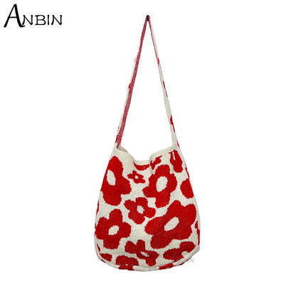 Women&#39;s Bag Floral Pattern Design Jacquard Contrasting-coloured Knitted Shoulder Crochet Tote Female Fashion Crossbody  Shopper