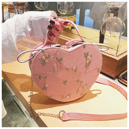 Female Sweet Lace Heart Round Handbags High Quality PU Leather Cross Body Bags for Women Small Fresh Flower Chain Shoulder Bags