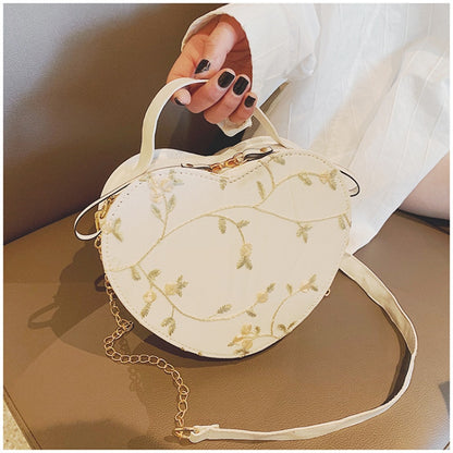 Female Sweet Lace Heart Round Handbags High Quality PU Leather Cross Body Bags for Women Small Fresh Flower Chain Shoulder Bags