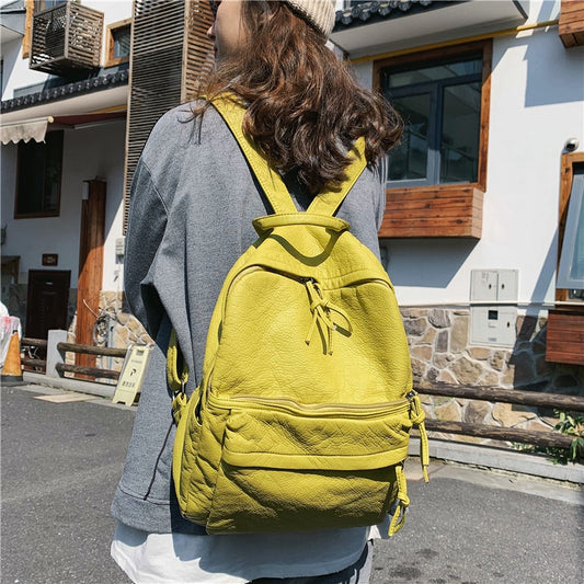 Ulzzang Pu Leather Shoulder Bags for Women Solid Color Fashion Backpack Women Leather Backbags White