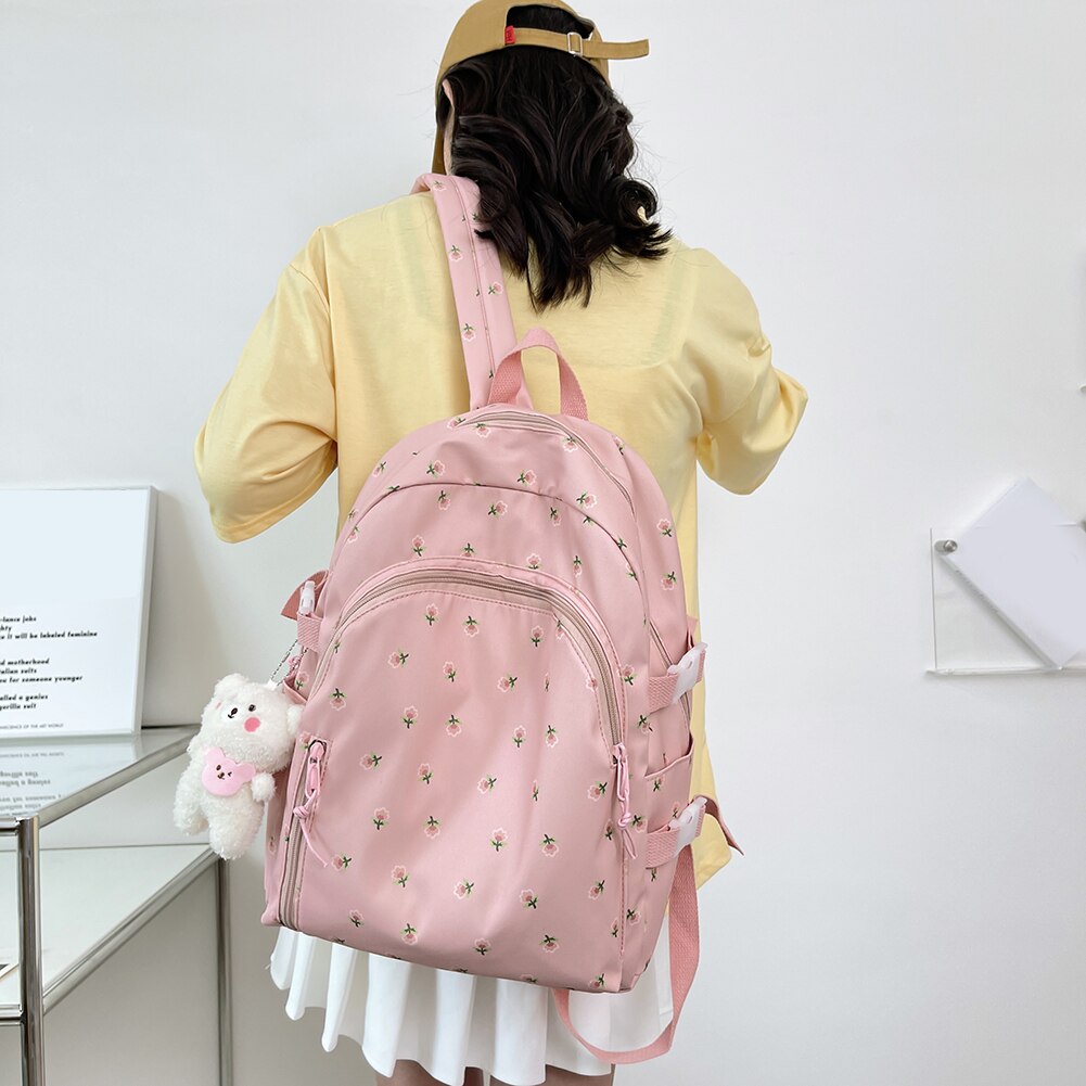 Fashion New Floral Women Backpack Large Capacity Nylon Schoolbag College Teenage Girl Travel Book Bags with Pendant Decoration