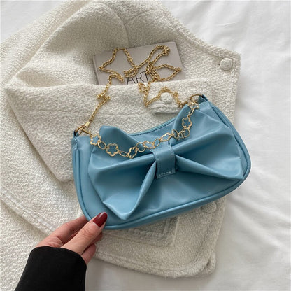 Women&#39;s Vintage Bow Crossbody Bag PU Leather Underarm Bag Fashion Retro Simple Small Messenger Chain Bag Purses Handbags