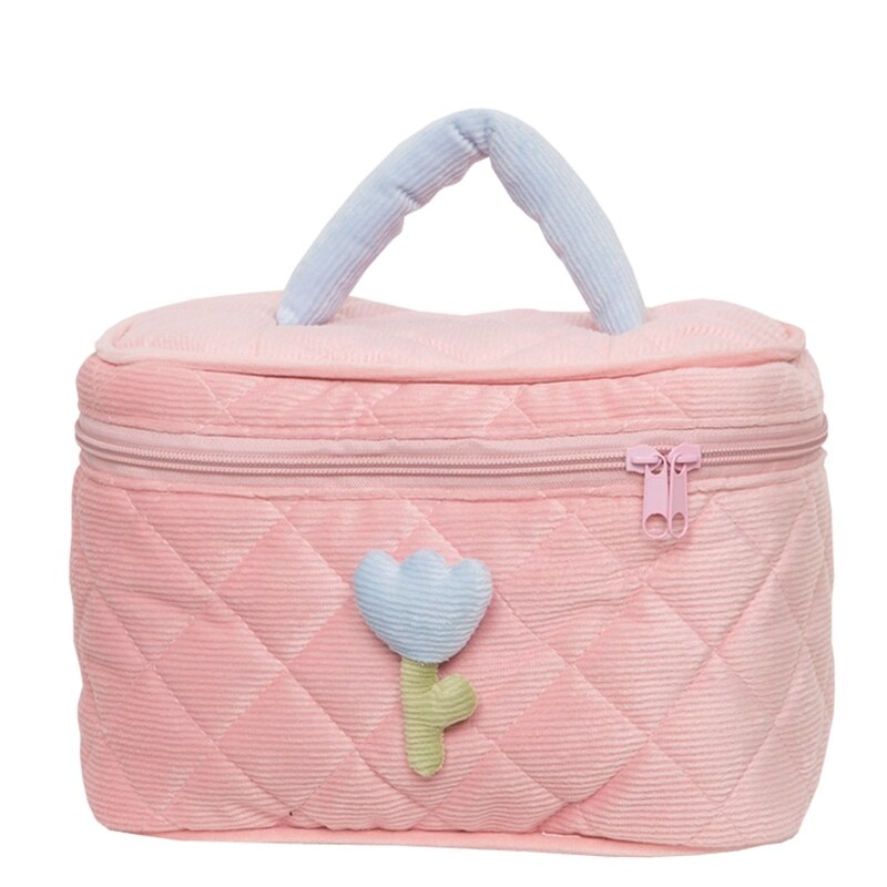 Women&#39;s Tulip Flowers Pouch Large Capacity Travel Cosmetic Bag Corduroy Zipper Toiletry Bags Portable Storage Box Casual Organiz