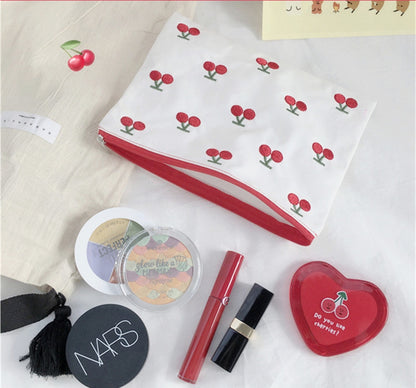 1 Pc Ins Cherry Red Plaid Makeup Lipstick Bag Young Girls Sweet Clutch Make Up Wrist Pouch For Women Travel Cosmetic Case Bag