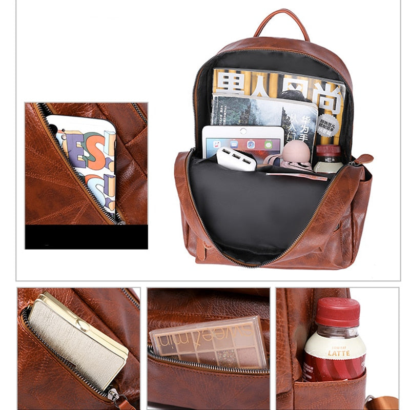 New Vintage Women Backpack PU Leather Female Travel Bag Backpacks for Teenage Girls Solid Color Schoolbag Mochila Shoulder Bag