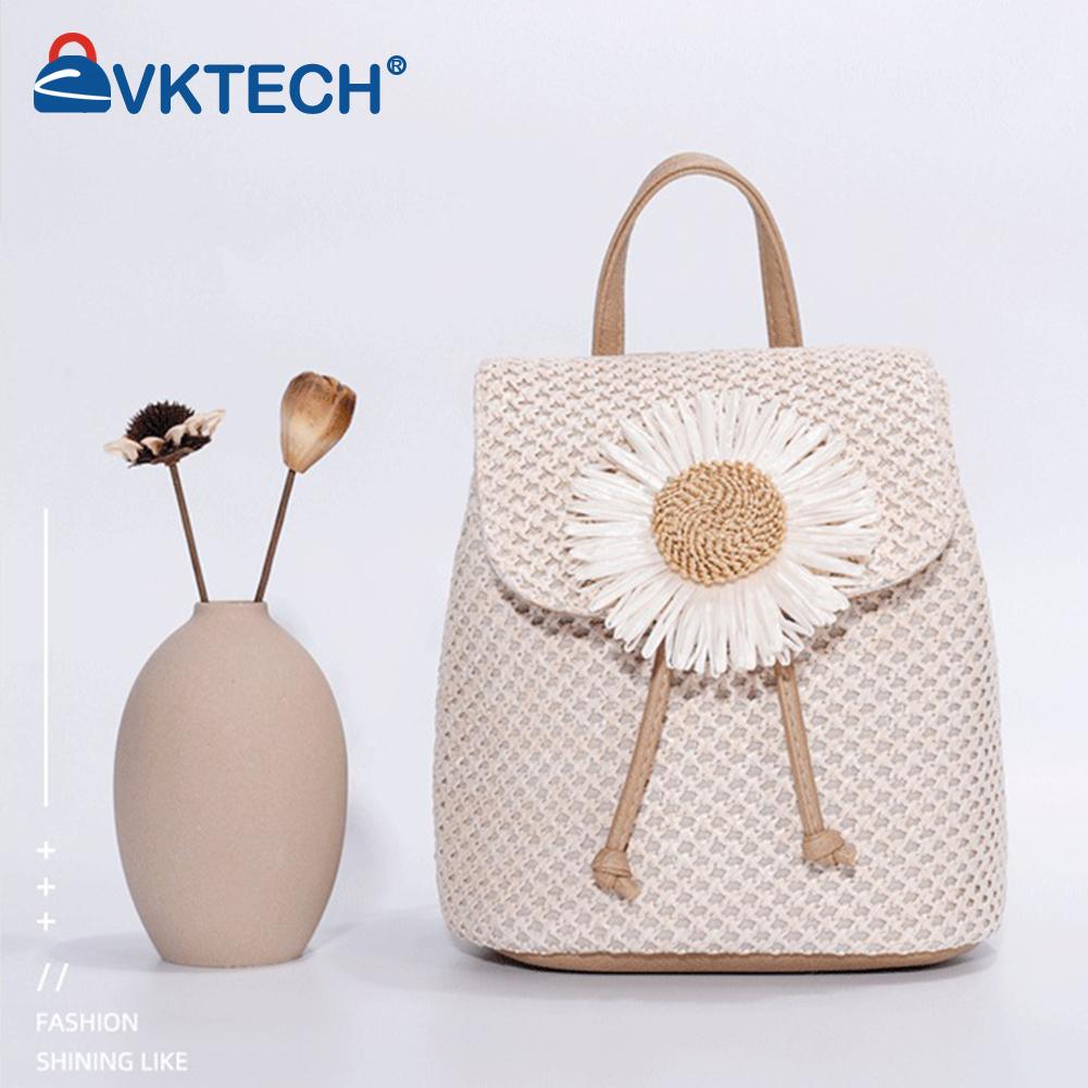 Straw Bucket Backpack Women Summer Beach PU Leather Flower Travel Schoolbags Casual Travel Handbags for Women