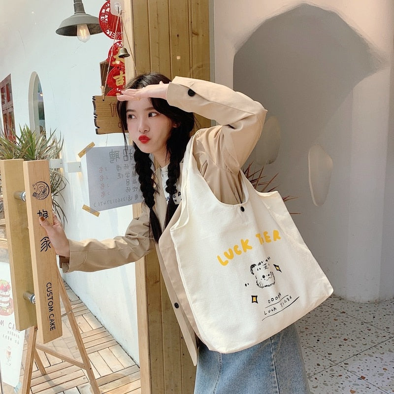 Women&#39;s Canvas Tote Bags Korean Students Shoulder Cotton Cloth Shopping Bag Eco Shoppers Cartoon Tiger Female Handbag for School