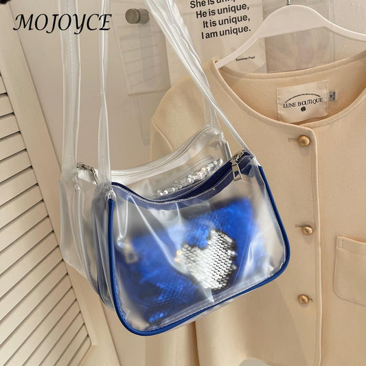 Fashion Transparent Sequin Handbag Women PVC Clear Ladies Shopping Underarm Tote for Women Girl Outdoor Shopping