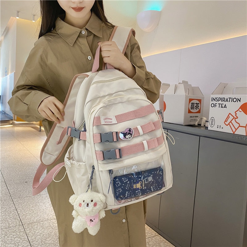 Transparent Pocket Nylon Women Backpack Fashionable Girl Buckled Travel Bag Female Cool Back Pack Student Lady Schoolbag Bookbag