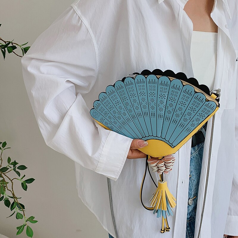 Summer Novel Handbags Chinese Style Folding Fan Shoulder Bags for Women New Fashion Chain Crossbody Purse Pu Leather Bags Ladies