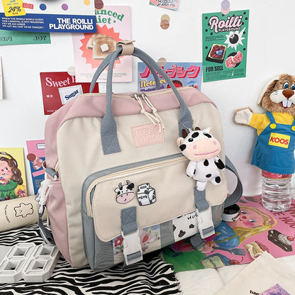 Women Cute Cow Backpack Female Student College Schoolbag Girl Badge Multifunctional Backpacks Kawaii Ladies Waterproof Nylon Bag