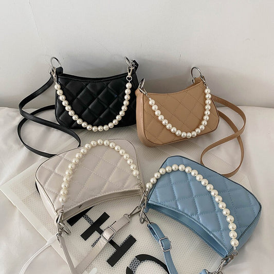 Hot Vintage Small Purse Ladies Handbags Women Pearl PU Leather Lattice Pattern Small Shoulder Crossbody Bags