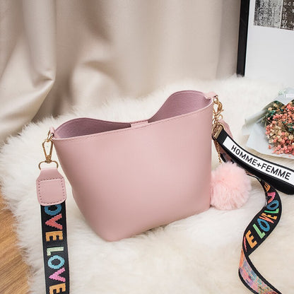 Women Fashion Bag Ball Pendant Bucket Sweet Lady Shoulder Messenger Crossbody Bag PU Girls Cute Side Purse