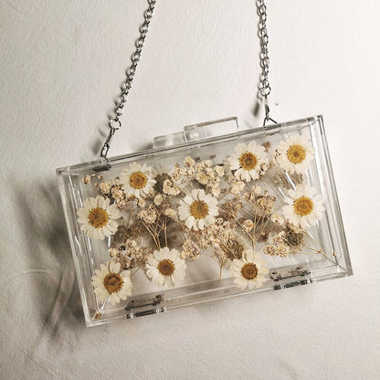 Transparent Acrylic Handbag Dride Flowers Evening Clutches Party Wedding Wallet Women Chain Shoulder Bag Free Shipping Wholesale