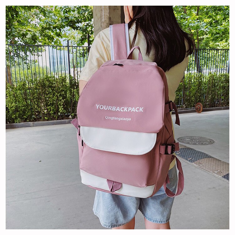 Fashion Women Backpack Letter Print Contrast Color School Bag for Girls Trendy Large-capacity Nylon Waterproof Student Bookbags