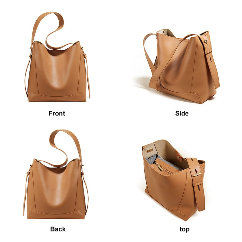 FOXER Lady Shoulder Messenger Bags Office Commuter Purse Split Leather Women Bucket Bag Retro Large Capacity Handbag Wide Strap