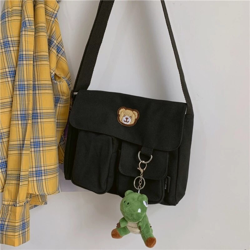 Women&#39;s canvas bear Messenger bag Female Youth Student Fashion Crossbody Shoulder Bags woman Large Capacity Schoolbag for women