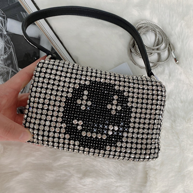 Crystal Rhinestone Evening Crossbody Bags for Women Luxury Brand Bling Purse Mini Top Handle Handbag Chain Mesh Clutch for Party