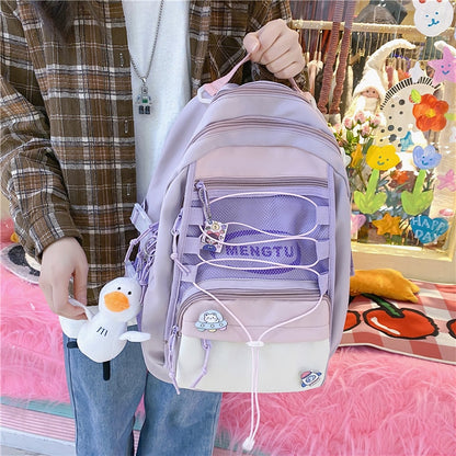 DCIMOR New Panelled Nylon Women Backpack Fashion Girl Badge Waterproof Travel Mesh College Bookbag Kawaii Drawstring School Bag