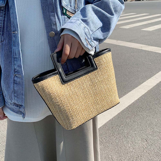 Fashion Straw Tote Bag Women PU Leather Splicing Clutches Summer Handwoven Beach Holiday Handbags Elegant Weave Top-Handle Bag