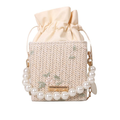 Women Straw Purses Artificial Peral Chain Handbags Summer Rattan Crossbody Bags Ladies Beach Basket Drawstring Hand Bags