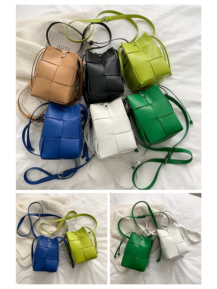 Blue Weave Small Bucket Handbag New Fashion Texture Shoulder Crossbody Bag Luxury Leather Summer Shopping Bag for Women Designer