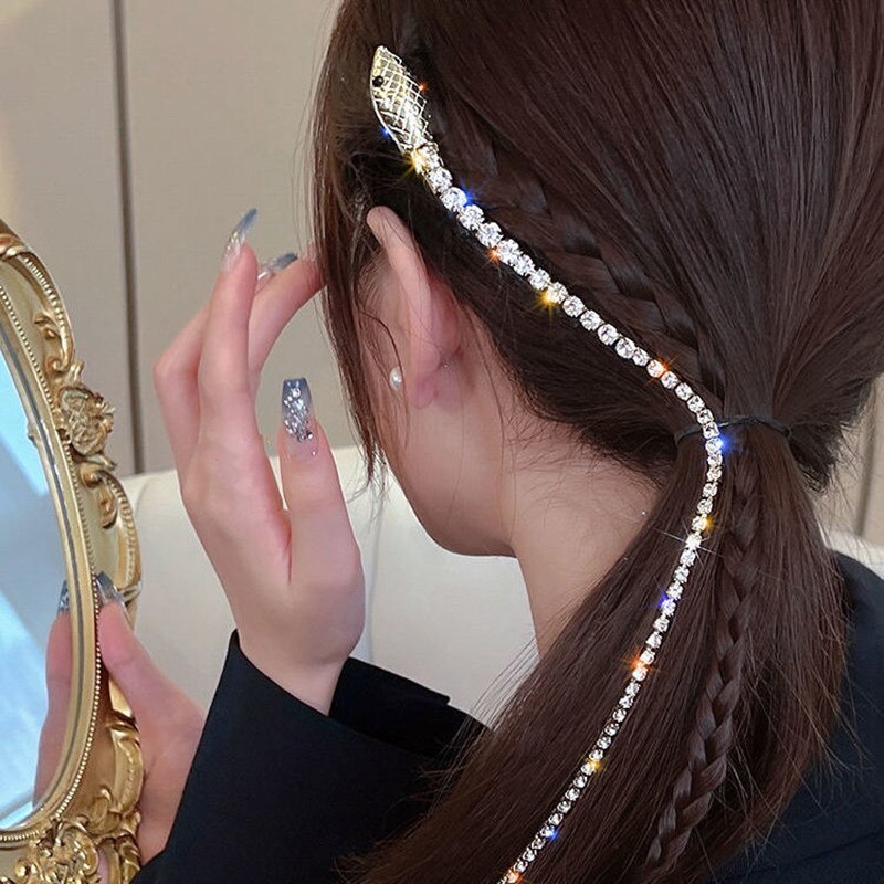 Full Rhinestone Snake Hair Band for Hair Women Long Tassel Crystal Headband Hair Accessories Wedding Accessories Hair Jewelry