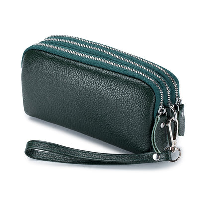 MJ Women Long Wallet Genuine Leather 3-Layer Zipper Purse Bag Large Capacity Wristlet Clutch Wallets Phone Bag Money Purses