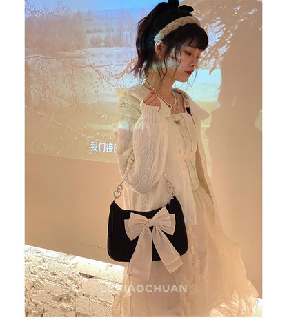 Vintage Bowknot Women Underarm Bags Faux Pearl Chain Ladies Shoulder Crossbody Bag Female Soft Nylon Purse Small Tote Handbags