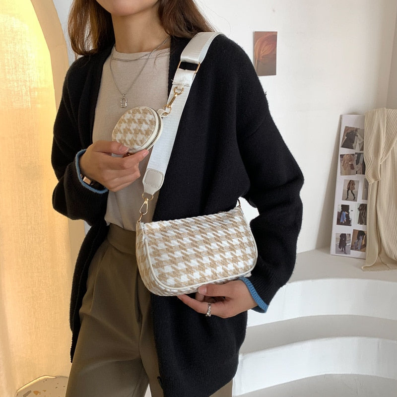 Female Vintage Plaid Printing Shoulder Bags with Mini Round Purse Pendant Women Bags Casual Small Crossbody Bags 2pcs Composite