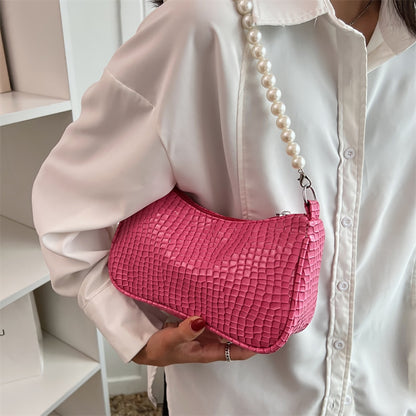 Fashion Women PU Leather Shoulder Bags Stone Pattern Solid Pearl Chain Underarm Bag Casual Ladies Small Hobos Handbags Purses