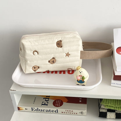 Embroidery Bear Makeup Bag Quilt Cotton Canvas Women Zipper Cosmetic Organizer Cute Wrist Make Up Pouch Portable Toiletry Case