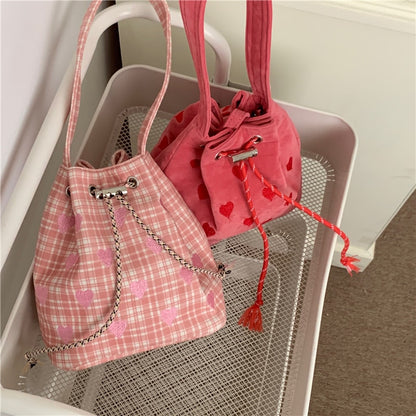 Embroidered Heart Pattern Women Shoulder Crossbody Bag Simple Pink Design Ladies Purse Handbag Casual Female Ourdoor Bucket Bags