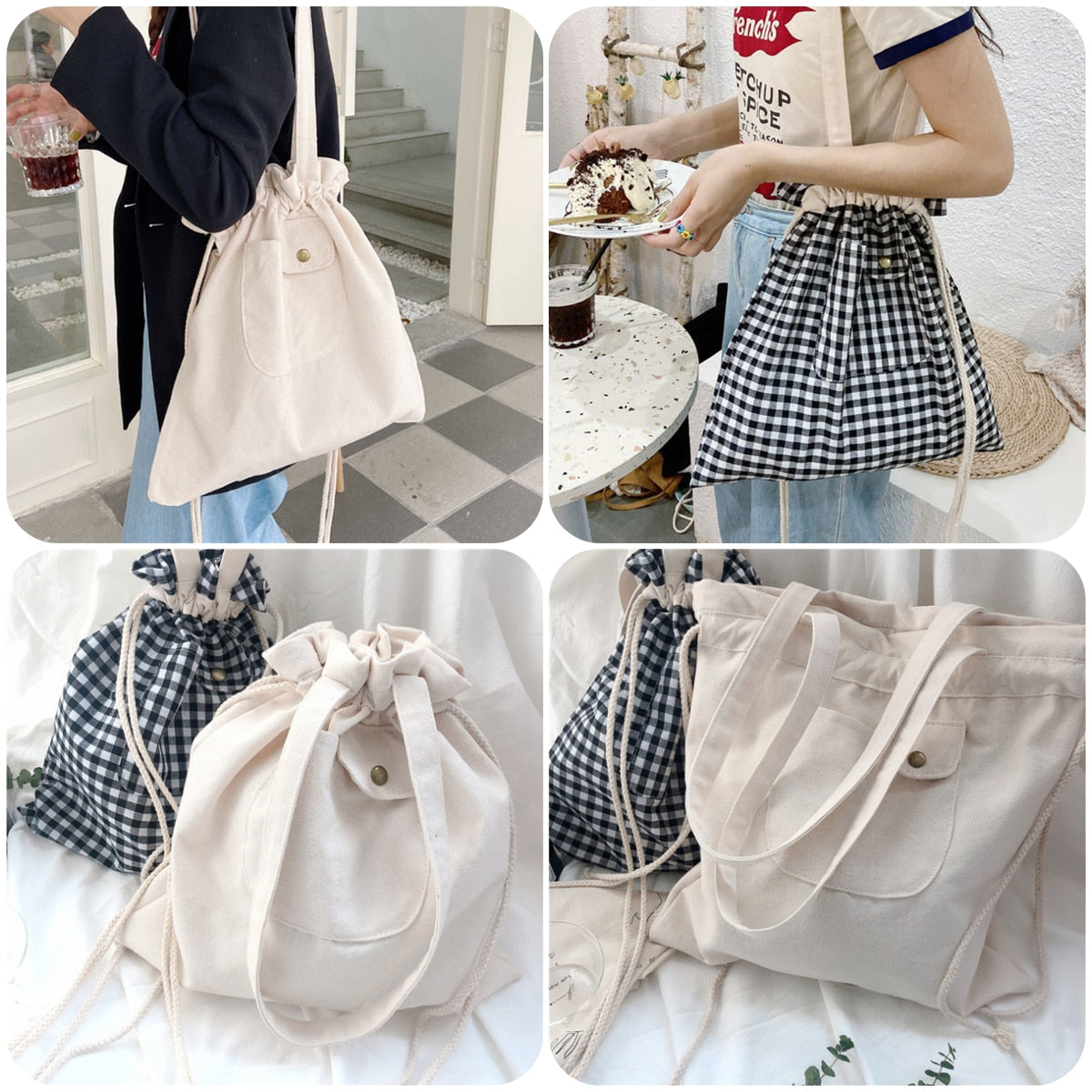 Shopping Bags Women Plaid Drawstring Casual Adjustable Large Capacity Cute Literary Students Shopper Canvas Simple Shoulder Bag