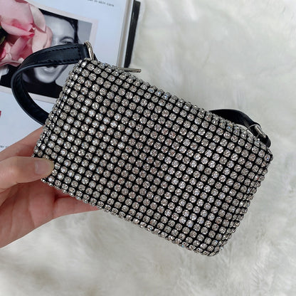 Crystal Rhinestone Evening Crossbody Bags for Women Luxury Brand Bling Purse Mini Top Handle Handbag Chain Mesh Clutch for Party