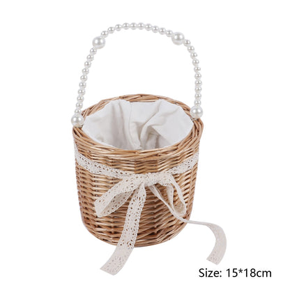 Casual Summer Rattan Woven Women Shoulder Crossbody Bags Fashion Pearl Chain Basket Drawstring Ladies Small Top-handle Handbags