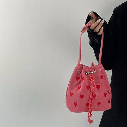 Sweet Heart Women Drawstring Shoulder Bag Embroidered Pattern Ladies Bucket Purse HandBags Retro Pink Female Plaid Messenger Bag