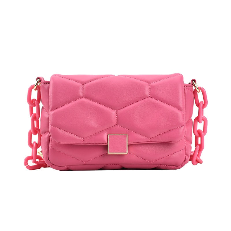Fashion Women PU Leather Crossbody Bag Acrylic Chain Design Women Messenger Bag  Pink Color Stitch Geometric Pattern Square Bag