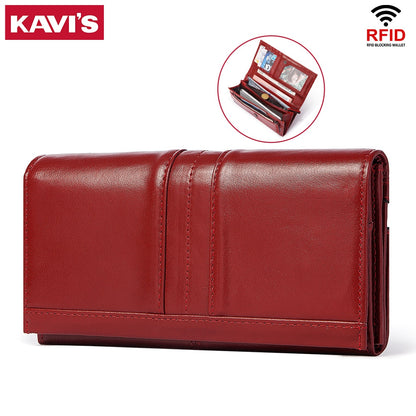 KAVIS Genuine Leather Women Long Purse Female Clutches Money Wallets Handbag Handy Passport walet for Cell Phone Card Holder