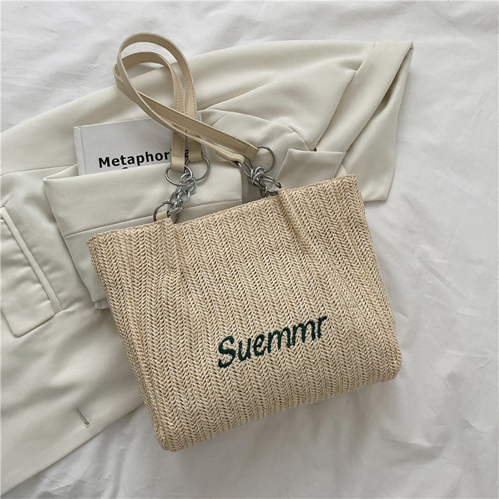 Straw Shoulder Bags for Women Large Capacity Handmade Woven Tote Bags Casual Seaside Beach Ladies Underarm Bags Vacation Handbag