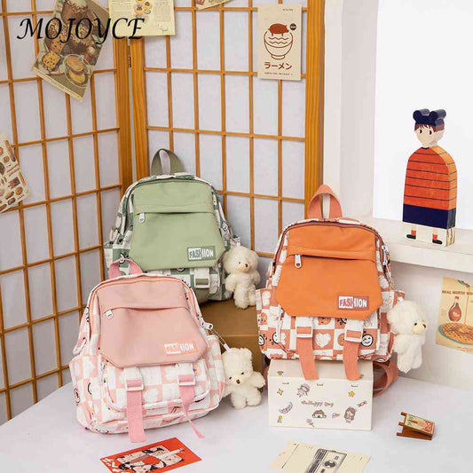 Fashion Plaid Backpacks Girls Teenager Student Kawaii Small School Bags Shoulder Backpacks Ruckpack Mochila with Pendant