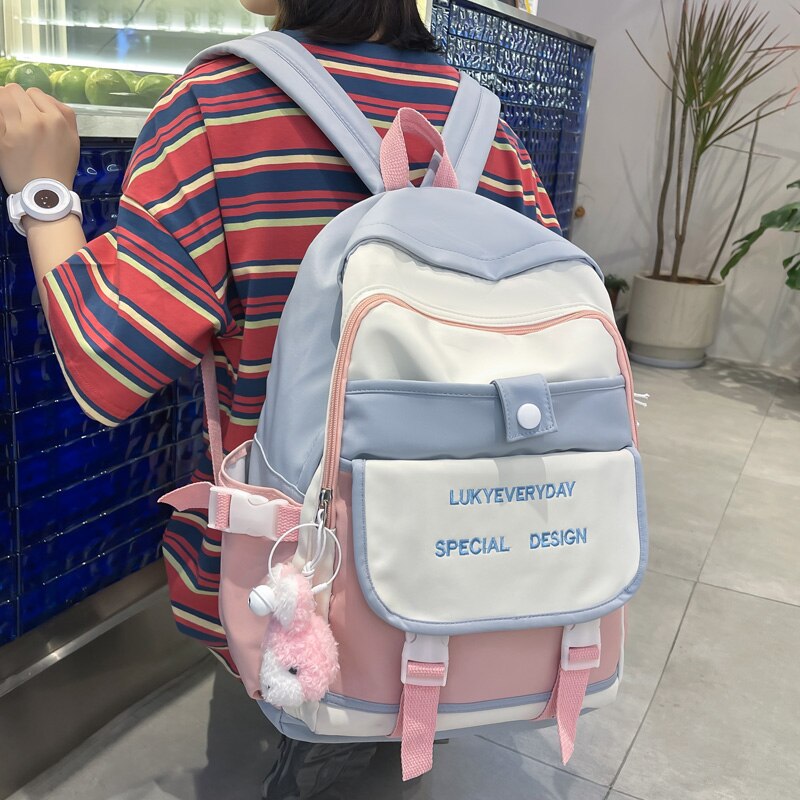 DCIMOR New English Embroidery Waterproof Nylon Women Backpack Female Cute Contrast Color Travel Bag Kawaii Girl Schoolbag Preppy