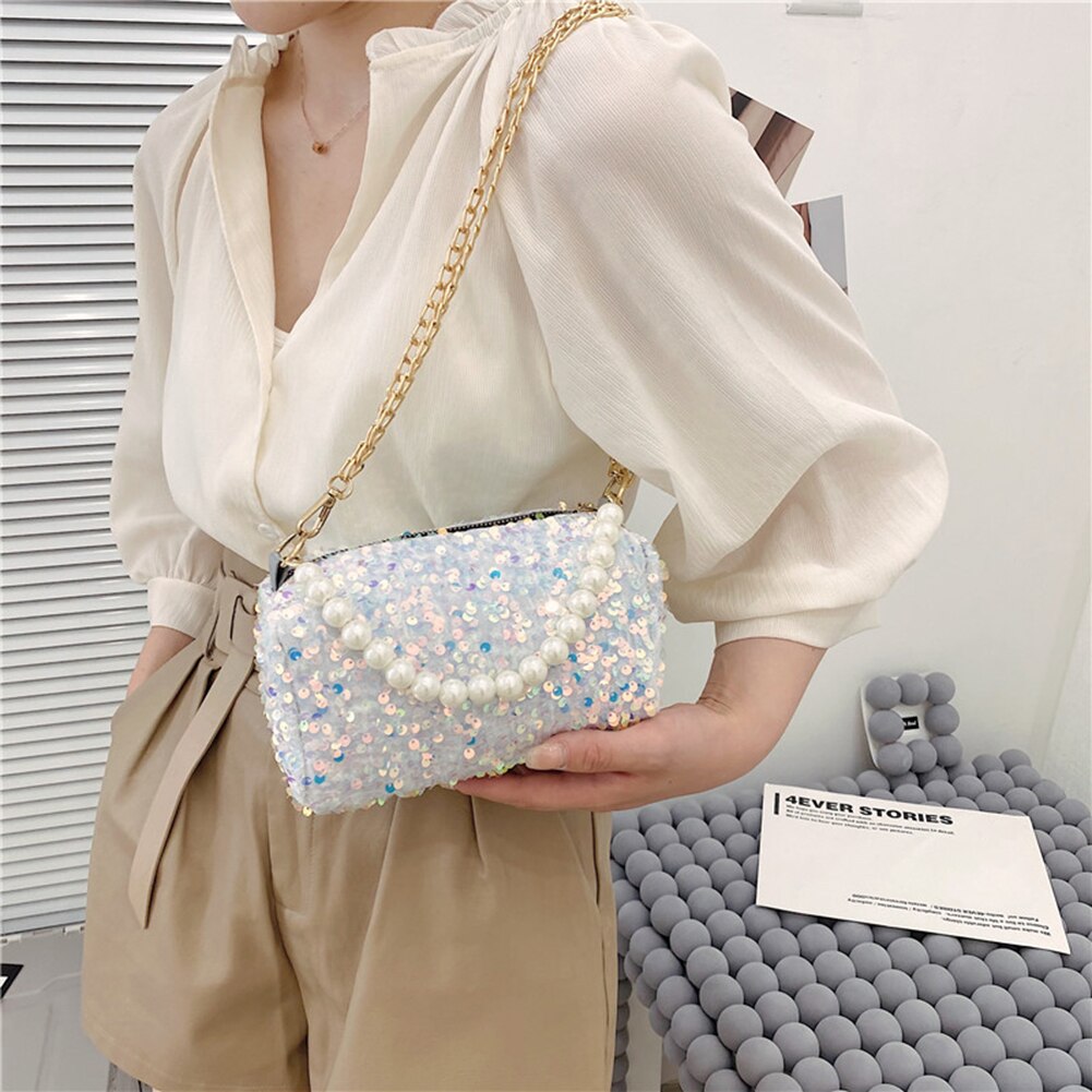 Fashion Women Pearl Sequins Cylinder Bags Chain Shoulder Handbags Party Purse for Women Christmas Birthday Gift