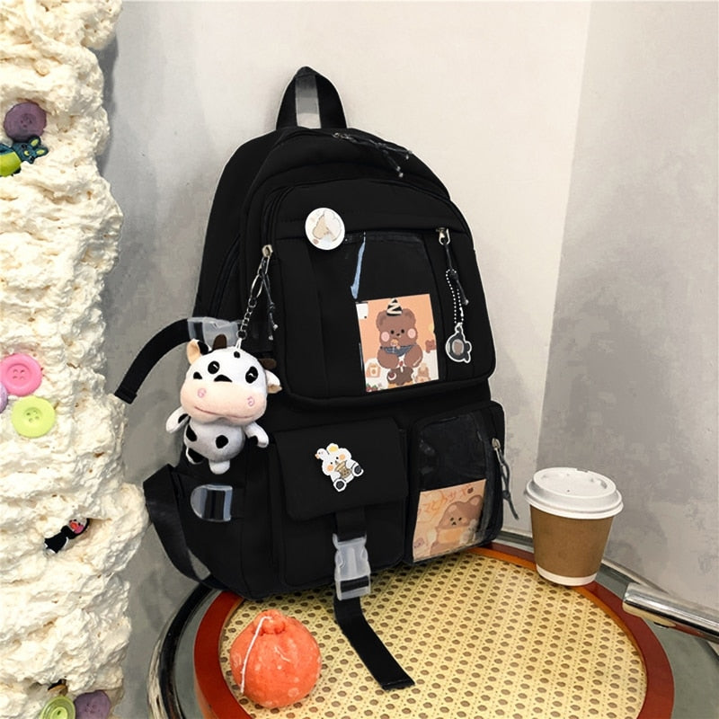 28GD Women Girls Student Cute Backpack Harajuku Japanese Style Aesthetic Multi-Pocket School Bag with Pendant Laptop Book Pack