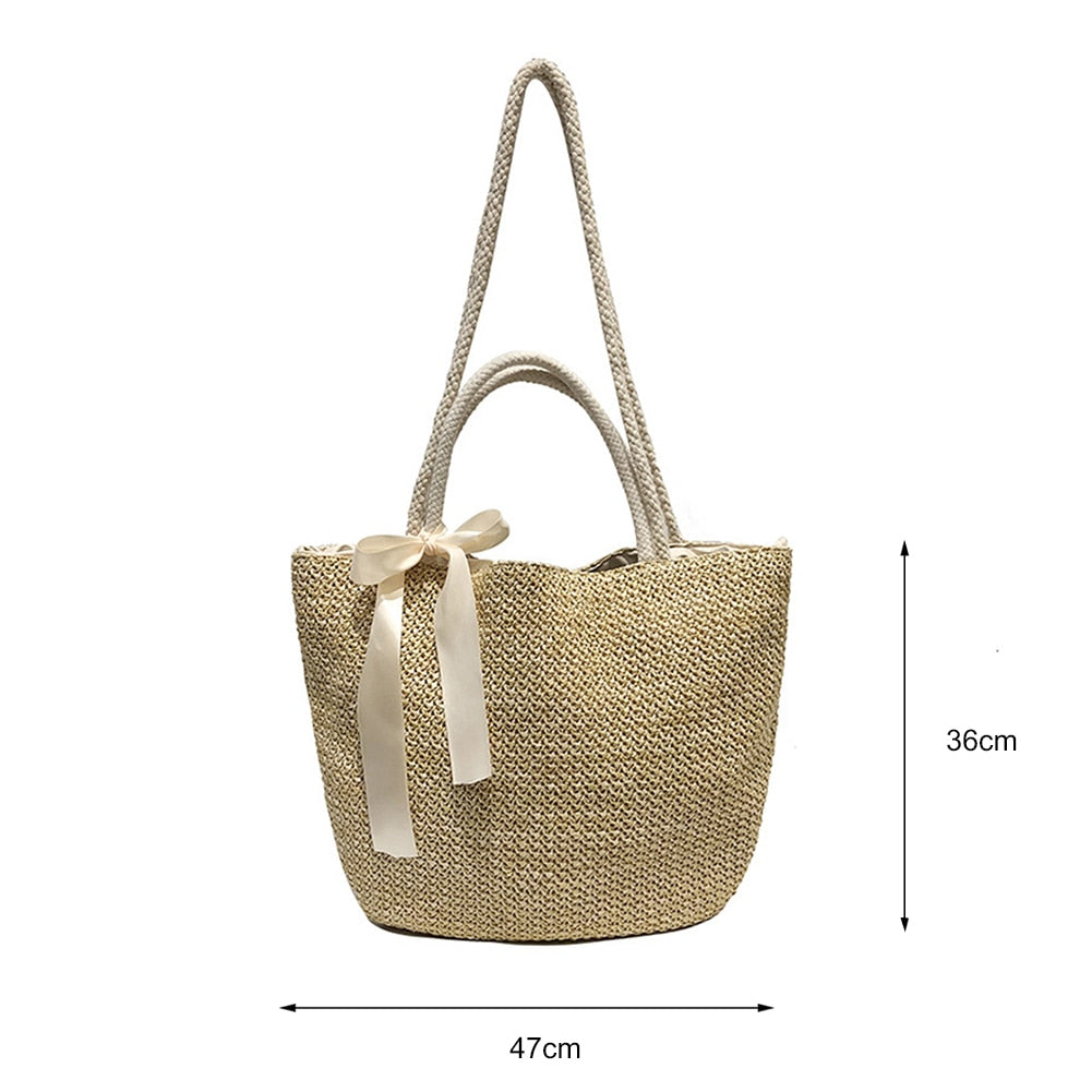 Large Capacity Handmade Weave Straw Handbags with Bow Women Shoulder Bags Fashion Drawstring Shopping Bags Tote Top-handle Bags