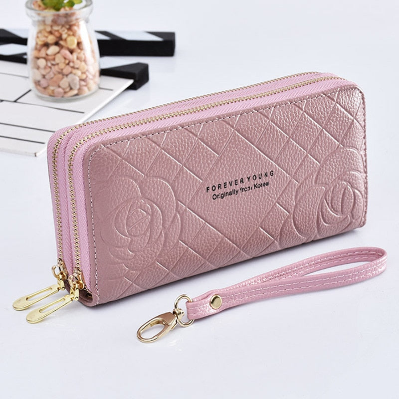 Fashion Women Wallets Dull Polish Leather Wallet Double Zipper Day Clutch Purse Wristlet Portefeuille Handbags Carteira Feminina