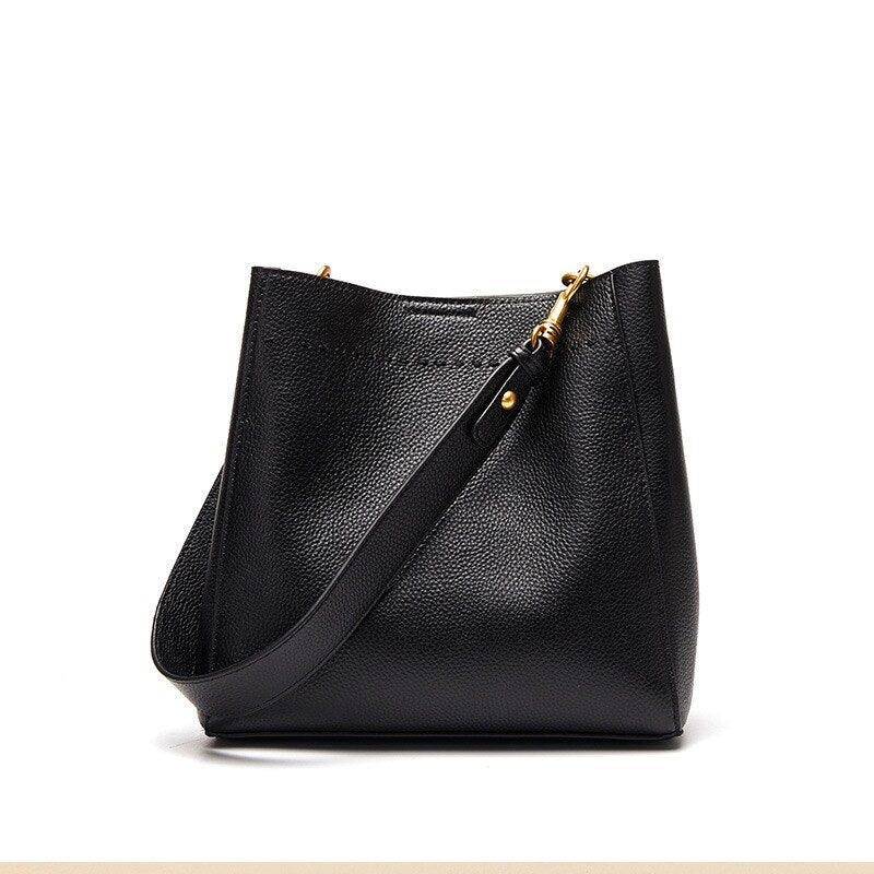 Women's Vintage Large Capacity Bucket Bag Genuine Leather Wide Strap Crossbody Shoulder Bags Designer Handbag Lady Soft Tote Bag