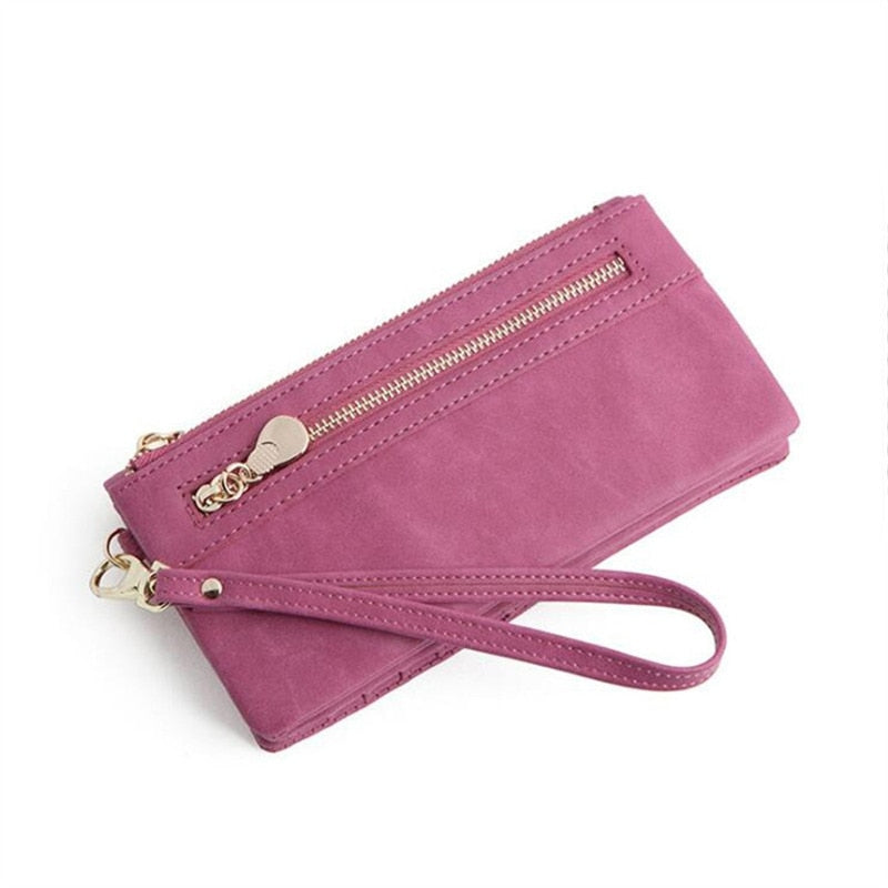 Fashion Women Wallets Dull Polish Leather Wallet Double Zipper Day Clutch Purse Wristlet Portefeuille Handbags Carteira Feminina